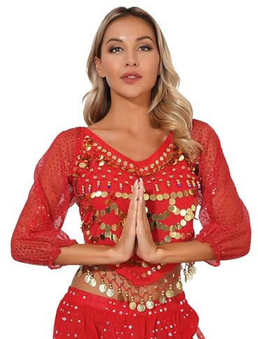 Jowowha Lady's Glitter Sequin Beaded Tassel Long Sleeve Crop Top Sexy Latin Belly India Bollywood Dance Costume Red One Size