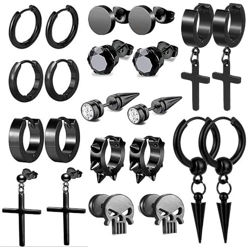 Lucktao 11 Paar Ohrringe Set Edelstahl,Edelstahl Kreuz Ohrringe,Creolen Ohrringe Schwarz Ohrstecker Set,Edelstahl Allergiefreie Ohrringe,Edelstahl Clip Ohrringe Schwarz,für Männer Damen Unisex