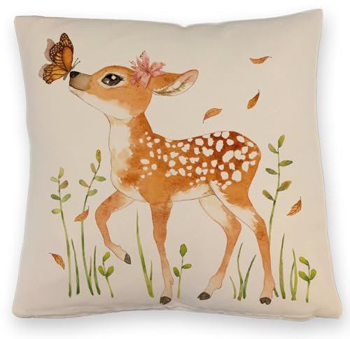 REH Kissen mit Leinenoptik im Aquarell Stil EIN bequemes DekoKissen mit Leinenoptik für die Couch Natur Waldtiere Wald Geschenkidee Rehkitz Herbst Geburtstag Sofa Frauen niedlich