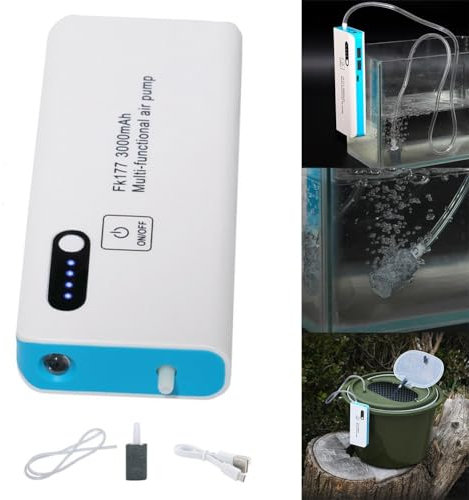 DAZZLEEX Bomba de aire aireadora de pesca, funciona con pilas, 3000 mAh, silenciosa para MOTO, clip ajustable, carga de batería de litio USB, incluye piedra de aire y manguera flexible