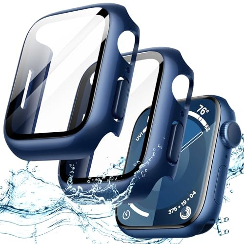 JETech Cover Impermeabile con Pellicola Protettiva per Apple Watch Series 9 8 7 45mm, Integrato Vetro Temperato Film PC Rigido Protettiva Completa Custodia, 2 Pacco (Blu)