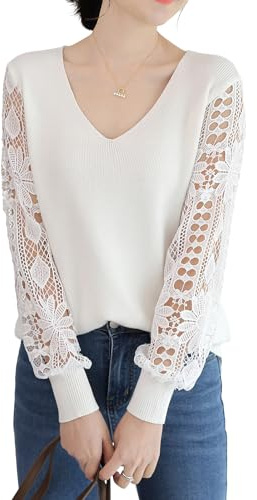 Qin Derdom Maglione in Pizzo da Donna - Elegante Pullover con Scollo a V e Occhielli all'Uncinetto, Manica Lunga, Maglia Leggera Traforata
