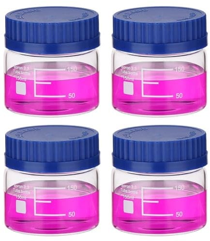 Wisboey Pack of 4 Bottles for Storing Reagent Media, 150 ml Round Wide Mouth Bottles Made of Borosilicate Glass with Graduation and GL32 Screw Cap