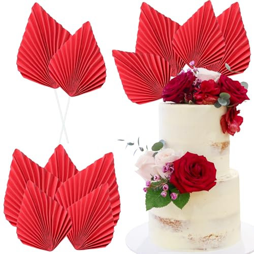 Ephlyn 6Pcs Paper Palm Fan Cake Topper Palm Leaf Fan Cake Pick Palm Spear Leaf DIY Cake Decorations for Bakeware Baby Shower Wedding Bridal Shower Birthday Anniversary Party Red