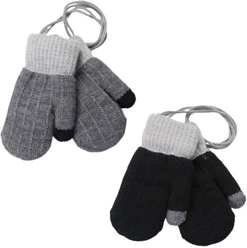 Ccomage 2 Paar Kinder Winter Handschuhe mit Fleece 0-3 Jahre Dicke Strick Baby Fäustlinge Wolle Plüsch Fausthandschuhe Halshandschuhe Strickhandschuhe für Baby Jungen Mädchen