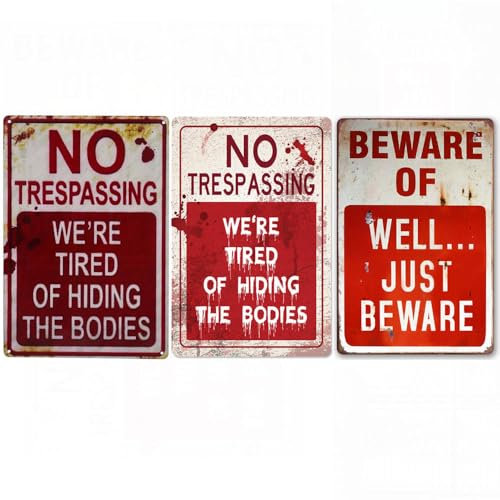Lot de 3 panneaux en métal pour Halloween, vintage, cool, « No Trespassing We're Tired of Hiding the Bodies », panneaux en métal pour extérieur, cour, porte, mur, décoration d'Halloween pour maison,