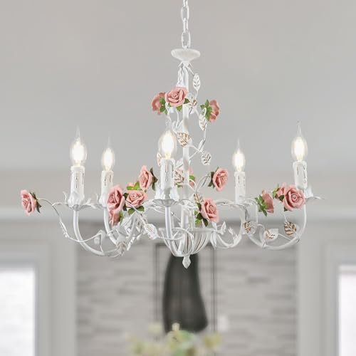 meibeileil Blumen Kronleuchter Vintage,Weiße Metall Esszimmerlampe Hängend Mit Rosa Keramikrose,Französischer E14 Kerzen Pendelleuchte FüR Schlafzimmer,Wohnzimmer,MäDchenzimmer,KüChe,5 Köpfe