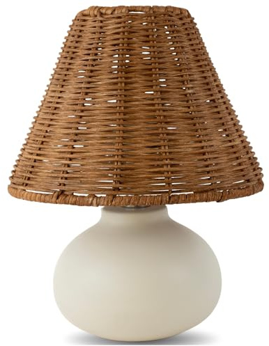 ora bamboo 11 Small Table Lamp – Handmade Ceramic Cream Base with Wicker Rattan Shade, Dimmable Plug-in Nightstand Light for Bedroom, Kitchen Counter, or Small Spaces – Boho Japandi Organic Decor