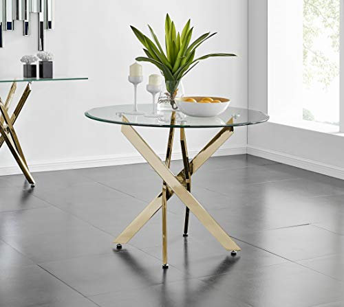 Moderna mesa de comedor redonda de metal dorado con parte superior de cristal transparente, juego de 4 sillas de comedor de estilo contemporáneo