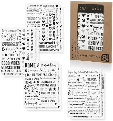 CraftWerk Kerzentattoos 8 Bögen - 200 Rub on Sticker für Stabkerzen und Stumpenkerzen - Kerzen gestalten als Geschenk für Geburtstag, Weihnachten und Muttertag