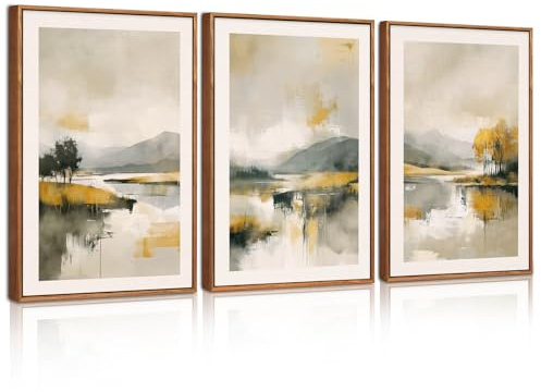 CHDITB 3 Stück Abstrakte Berg Wald Leinwand Wandkunst Set,Abstrakt Beige Grau Bergrahmen Wanddekoration, See Landschafts Wanddeko,Pinselstrich Wald Poster für Wohnzimmer Büro Schlafzimmer30x40cm