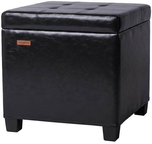 ABHENG Bezug aus Kunstleder, Stahlgestell Sitzhocker Hocker mit 48 Liter Stauraum, Sitzwürfel 45 x 45 x 45 cm, Fußhocker Mit 4 Holzbeinen bis 330 kg belastbar Schwarz ASND63B