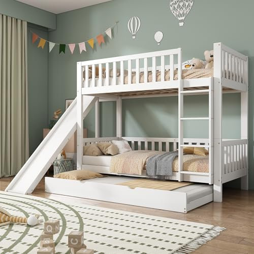 Zepneiy Lit Superposé Enfant 90x200 avec lit gigogne 90x190, lit superposé 3 Places avec Toboggan et échelle Droite à 4 marches, Pin et MDF Blanc (sans Matelas)