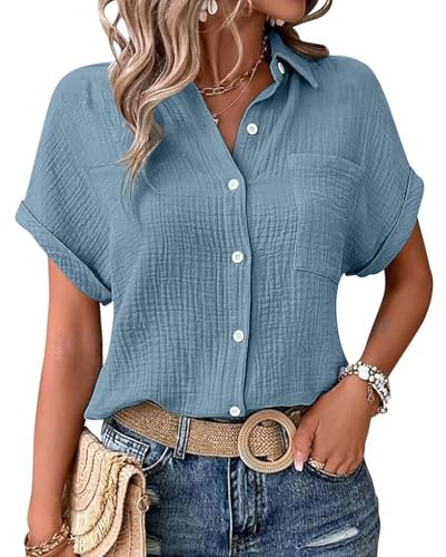 Damen Bluse, Musselin Bluse Damen Shirts Bluse Elegant Tunics Sommer Tshirt Kurzarm Leinen Knopf Bluse Lange Oversized T-Shirt Casual für Leggings, hellblau L