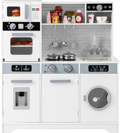 Maxmass Wooden Kids Toy Kitchen, Toddler Play Kitchens with Light, Sound, Microwave, Sink, Washing Machine, Water Dispenser, Coffee Maker, Utensils, Children Pretend Kitchen for 3+ Years Old (White)