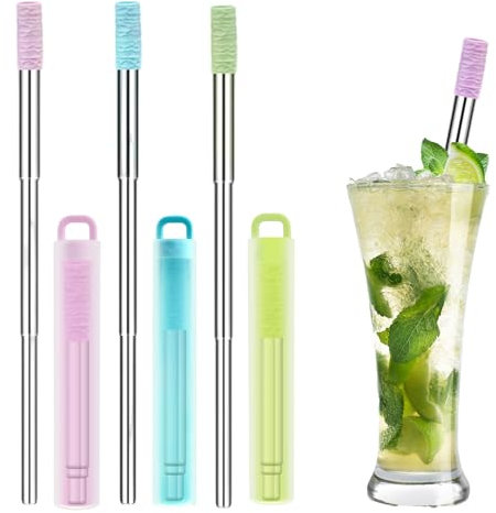 3 Pack Travel Straws with Cleaning Brush and Key Ring Case, Reusable Straws for Travel, Collapsible Straw, Picnic, School, and Outdoor Activities (Sky Blue, Aqua Green, Violet)