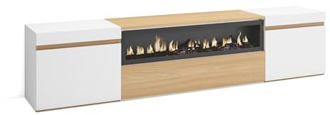 Skraut Home | Meuble TV | Banc Télé | Grand Espace de Rangement | 200x45x35cm | pour Les TV jusqu'à 80 | Cheminée électrique | Style Moderne | Chêne Soft et Blanc