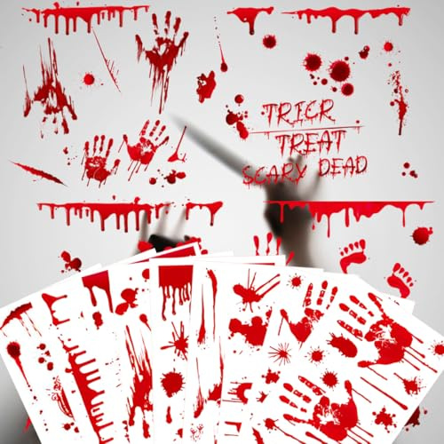 NOPKESV Decorazioni spaventose e orrorifiche per Halloween, 9 pezzi, adesive per porte interne, finestre, addobbi casa, accessori riutilizzabili, impronte di mani sanguinarie e piedi da parete