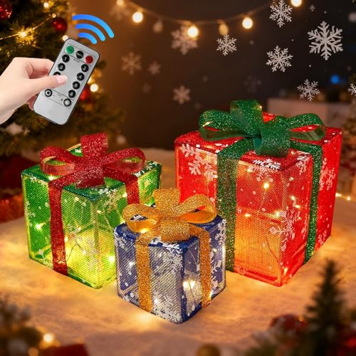 3 Stück Set Geschenkbox Deko Weihnachten LED, Weihnachts Deko Geschenke Beleuchtung Boxen mit Fernbedienun, LED WeihnachtsGeschenkboxen Batteriebetrieb, Weihnachtenboxen