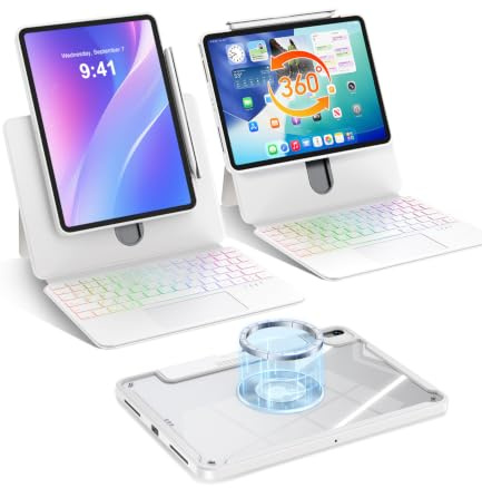 BLOSOMEET Keyboard Case for iPad A16 11/10th Gen 11/10.9 2025/2022, White | 7-Color Backlight & Native Gesture Trackpad & Kickstand, Lift Top Detachable Protective Cover with Pen Holder