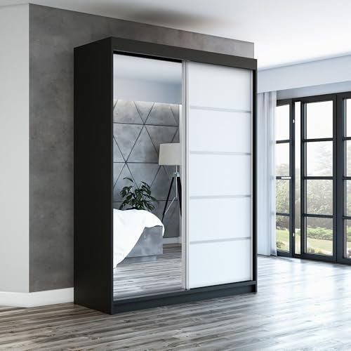A&J MöbelLand Schwebetürenschrank GAPI Kleiderschrank 2-türig mit Spiegel, Garderobe 180 cm (Schwarz/weiß/weiß)
