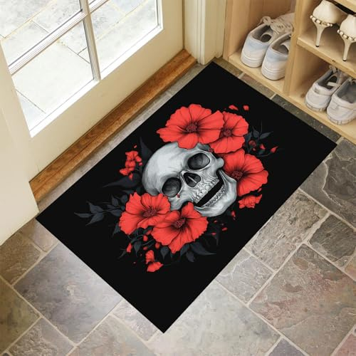 MLSOWM Fußmatte Gotischer Stil, Wetterfeste Schmutzfangmatte Totenkopf Und Rote Blumen mit Rutschfester Rückseite für Innen & Außenbereich Türmatte für Eingang Haustür Flur, 50 x 80 cm, Schwarz
