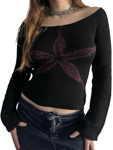 Women's Off Shoulder Sweater Vintage Floral Long Sleeve Crew Neck Knit Pullover Shirt Slim Going Out Top Streetwear