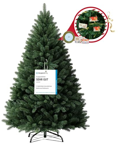 COMHOMA künstlicher Weihnachtsbaum 195CM-TESTSIEGER- Easy-Fold-System,Christmas Tree Lebensecht & Üppig - mit DIY-Karten & Schleifenband,Stabiler Metallständer,Gelb Grün