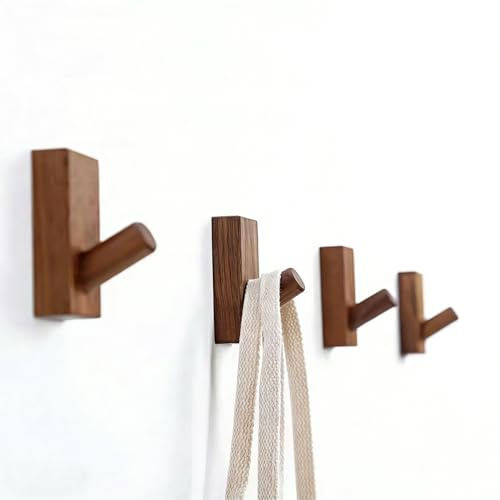 VELAJA Juego de 4 Ganchos de Pared de Nogal Autoadhesivos, Percheros de Pared Sin Taladrar, Colgadores Decorativos para Ropa, Para Entrada, Baño y Dormitorio