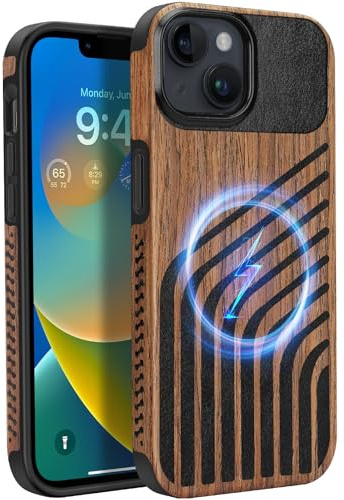 ZZDZZ Cover Magnetica per iPhone 14 Plus Compatibile con MagSafe, Custodia in Legno con Pelle e TPU Design Protezione Antiurto Cover Compatibile con iPhone 14 Plus (Legno & Pelle) | ZZDZZ Custodia magnetica compatibile con iPhone 14 Plus, in legno e pelle, design in fibra di carbonio, ibrida, antiurto