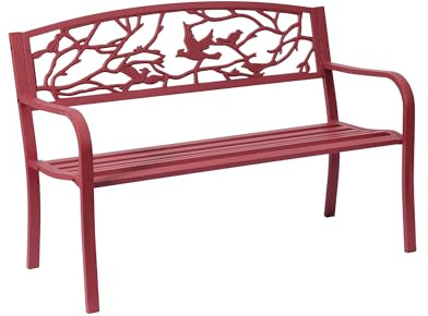 Roomark Gartenbank Wetterfest aus Vollgusseisen, 2-Sitzer Sitzbank bis 240kg Belastbar, Parkbank mit Friedenstaube & Baumzweig Muster, Vintage Metallbank für Garten, Balkon, Terrasse & Hinterhof, Rot