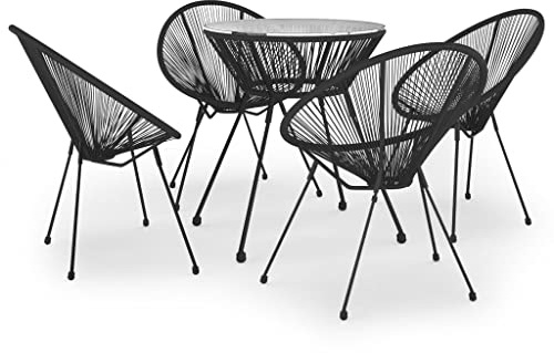 Foknhdi 5tlg. Gartenmöbel-Set: runder 70 cm Hartglas-Tisch, PVC-Rattan, Stahlrahmen, Balkon/Terrasse