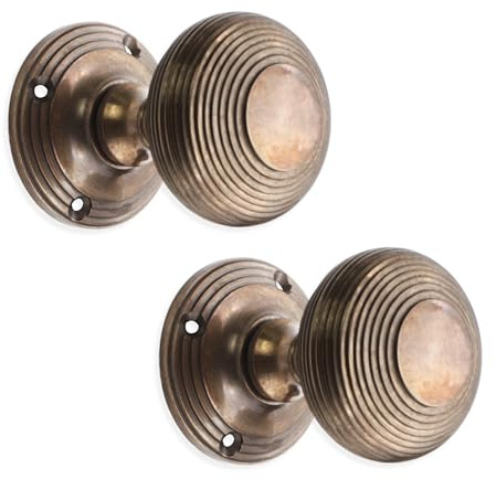 LYRA Vintage Style Beehive Mortice Door Knobs Brass Reeded Pull Handles on Round Rose Antique Finish 55mm – Ideal for Interior & Exterior Wooden Doors