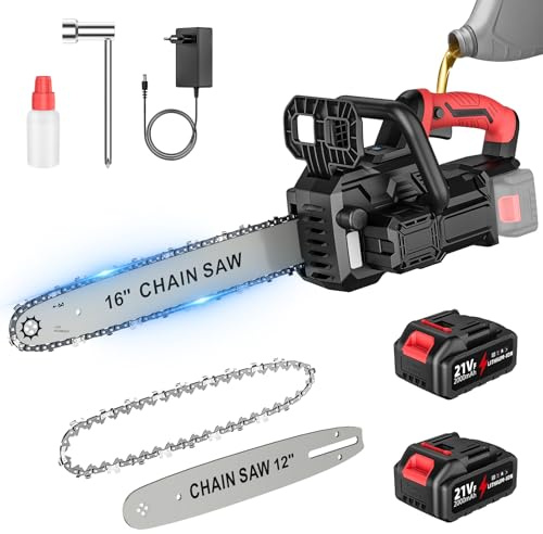 Motosierra Bateria 12+16 Pulgadas, Motosierra Eléctrica con 2 x 4.0Ah Baterías, 1050W Motor Brushless, Pantalla LCD, Lubrificación Automática, Tensado de Cadena sin Herramientas y Parada