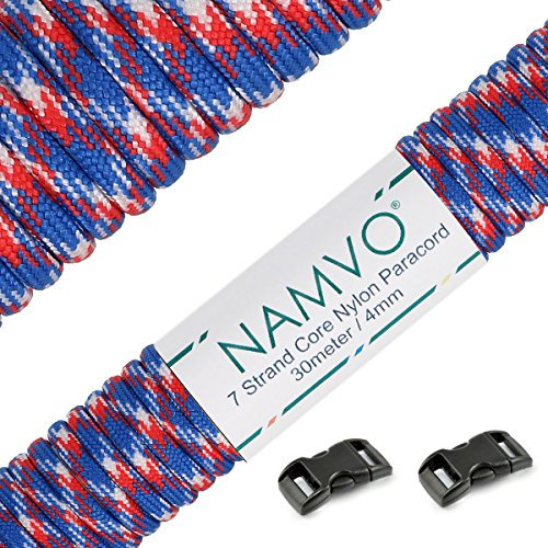 Namvo 550 Paracord Mil Spec Type III Cordon de Parachute à 7 brins Longueur Totale 100 Pieds / 30 mètres, Rouge + Blanc + Bleu