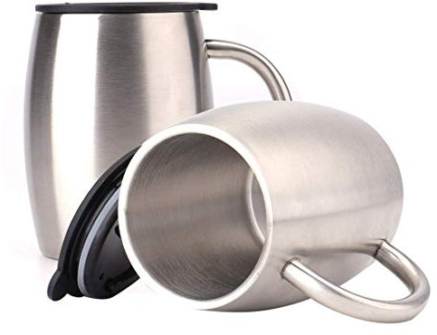 Lawei 2 Stück Edelstahl Kaffeebecher 400ml Campingtasse Isolierbecher Edelstahlbecher Thermobecher Kaffeetasse mit Deckel für Reise Getränke Kaffee Tee Wein
