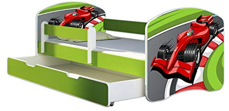ACMA Kinderbett Jugendbett mit Einer Schublade und Matratze Grün mit Rausfallschutz Lattenrost II 140x70 160x80 180x80 (06 Formel 1, 180x80 + Bettkasten)