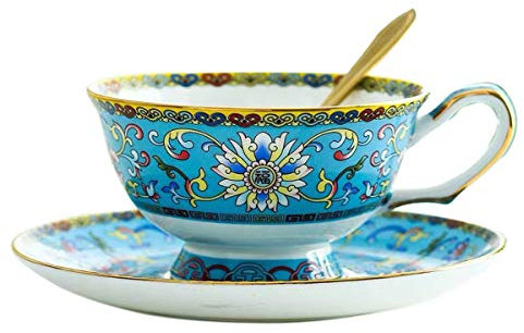 YBK Tech Cup& Saucer Set Bone China Tea Coffee Cup for Breakfast Afternoon Tea- Classic Enamel Patterns (Blue)