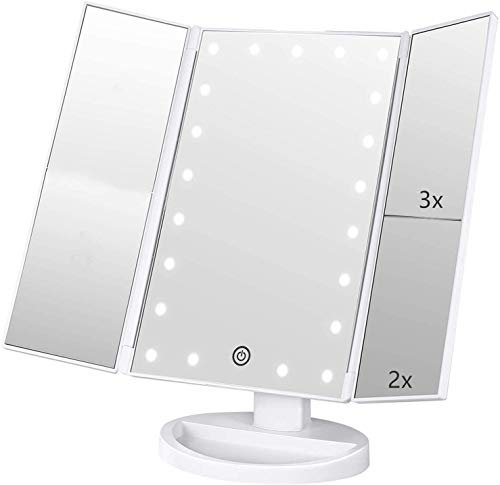 Infitrans Espejo de Maquillaje Tríptico con Aumento 1x, 2X, 3X, Espejo Cosmético Pantalla Táctil en Iluminacíon 21 Led, Adjustable 180º (Blanco)