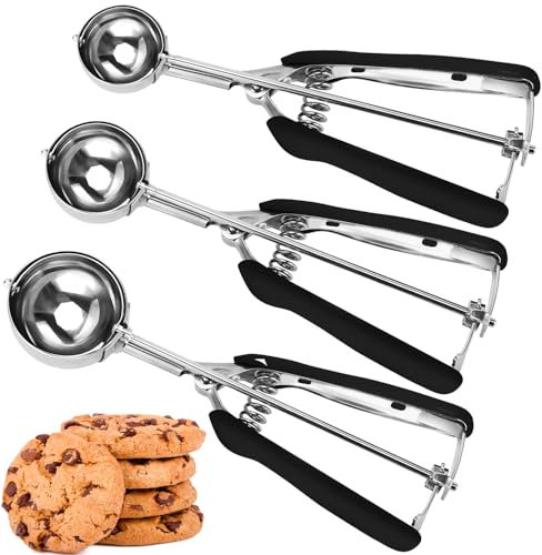 JUNADAEL J Cookie Scoop Set, Cookie Scoops for Baking Set of 3, Cookie Dough Scoop, 1 Tablespoon/ 2 Tablespoon/ 3 Tablespoon, Black Handle, For Cookie, Cupcake, Muffin, Ice Cream,Truffles