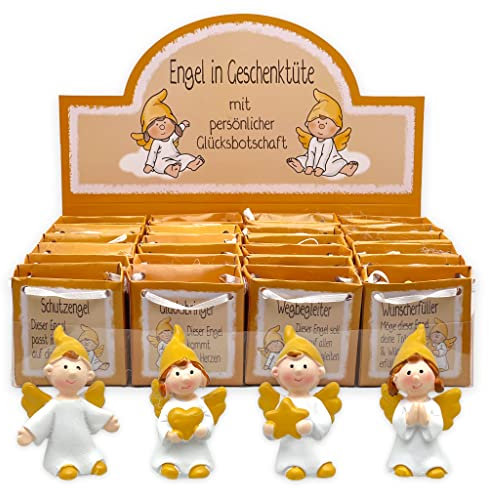 MIJOMA 24 Stück Set Schutzengel in Tüte 2-Fach Sortiert, im 24er Display, Gastgeschenk Glücksbringer zu Hochzeit Taufe Geburt Weihnachten (goldgelb/weiß)