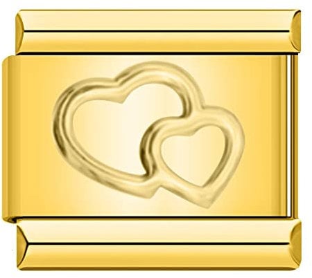 Double Heart Gold Charm Link fits all classic 9mm Italian style Bracelets - UK stock