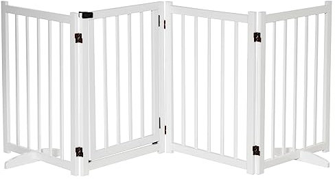 PawHut Cancellino Pieghevole per Cani Piccola/Media Taglia con 4 Pannelli in Legno e Serratura, 237.5x36x80cm, Bianco