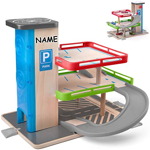 alles-meine.de GmbH Zubehör für - Holzeisenbahn - für Fast ALLE Systeme Verschiedene Artikel frei wählbar Parkhaus/Garage mit 3 Ebenen - aus Holz - incl. Name - mit Fahrzeu..