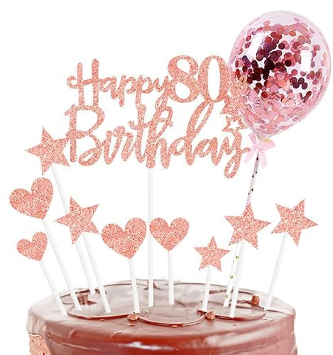 Personalised Happy Birthday Cake Toppers - Rose Gold for Women, Lady, Sign for Cake, 11p Glitter Cupcake Topper - Cake Topper for 80th Birthday Party
