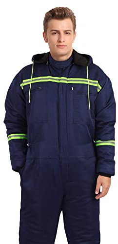 Yukirtiq Mens Padded Heavy Duty Overall Hard Wearing Quilted Mechanics Boiler Suit Warm Workwear Hooded Boilersuit Coverall with Reflective Tape (L, Navy Blue)