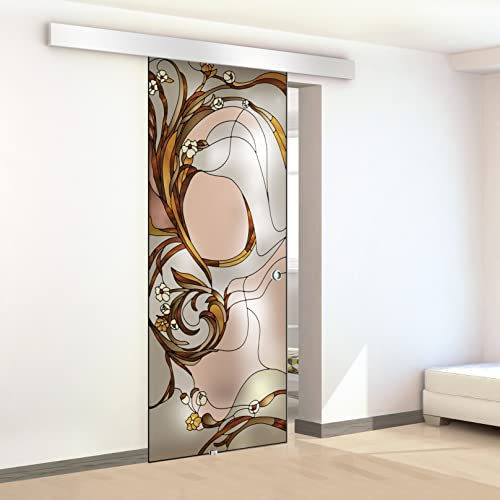 Stained Glass Sliding Door for Interior Hand-Painted Model SI Brown 80x215 cm (Available 60/80/90 cm) 8 mm Satin Glass, Complete Hardware kit, Hanging Rail Track (80x215 cm, Left)