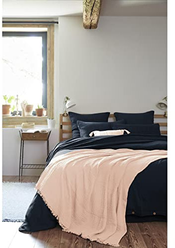 ACTOME Plaid à Franges en Gaze de Coton 180 x 220 cm Gaia Rose Clair