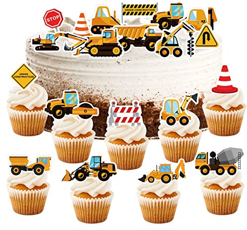 BOZILY 64 Stück Baufahrzeug Cupcake Topper, Bagger Kuchendeko Auto, BAU Thema Cupcake Topper LKW Bagger Kuchen Picks Dekorationen für Jungen Kinder Geburtstagstorte Party Favors Supplies…