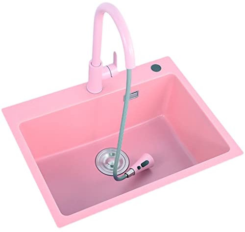 IBOWZ Spüle Küchenspülen Pink Kitchen Bar Sinks, Mit Wasserhahn Quarzstein Bar Sink, Square Single Bowl Prep Sink, Drop-In or Undermount Installation, Easy to Clean (Color : Pink~B, Size : 60x45cm)